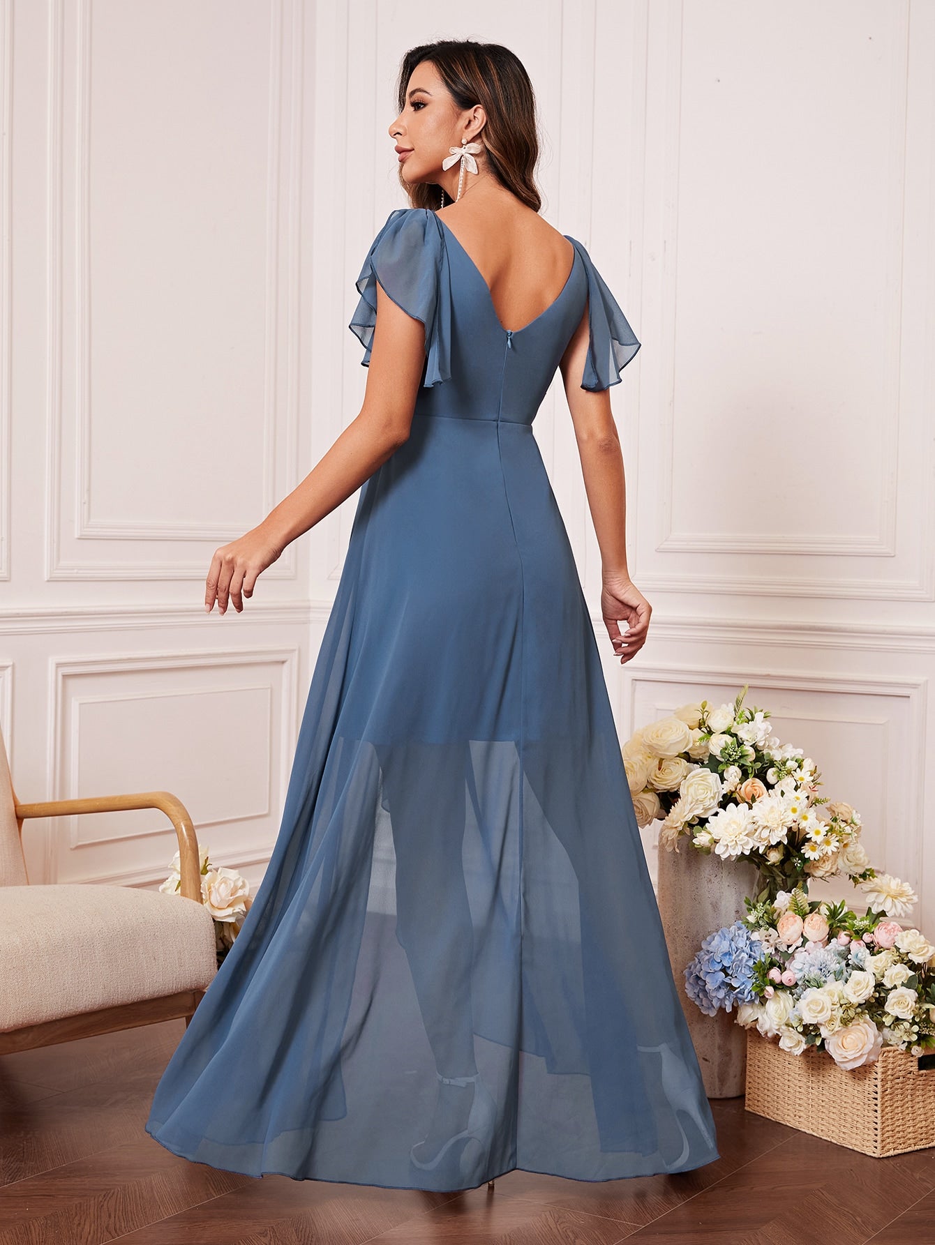 Butterfly Sleeve Ruched Bust Ruffle Trim Wrap Hem Chiffon Bridesmaid Dress
