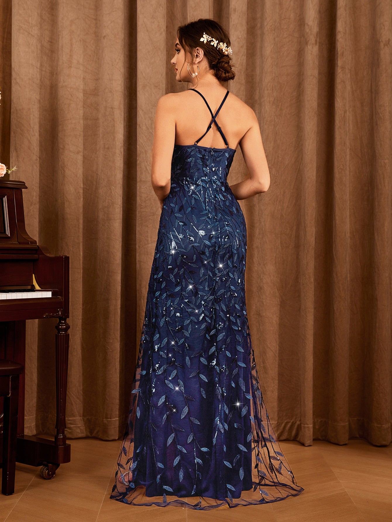 Criss Cross Backless Split Thigh Sequin Dress