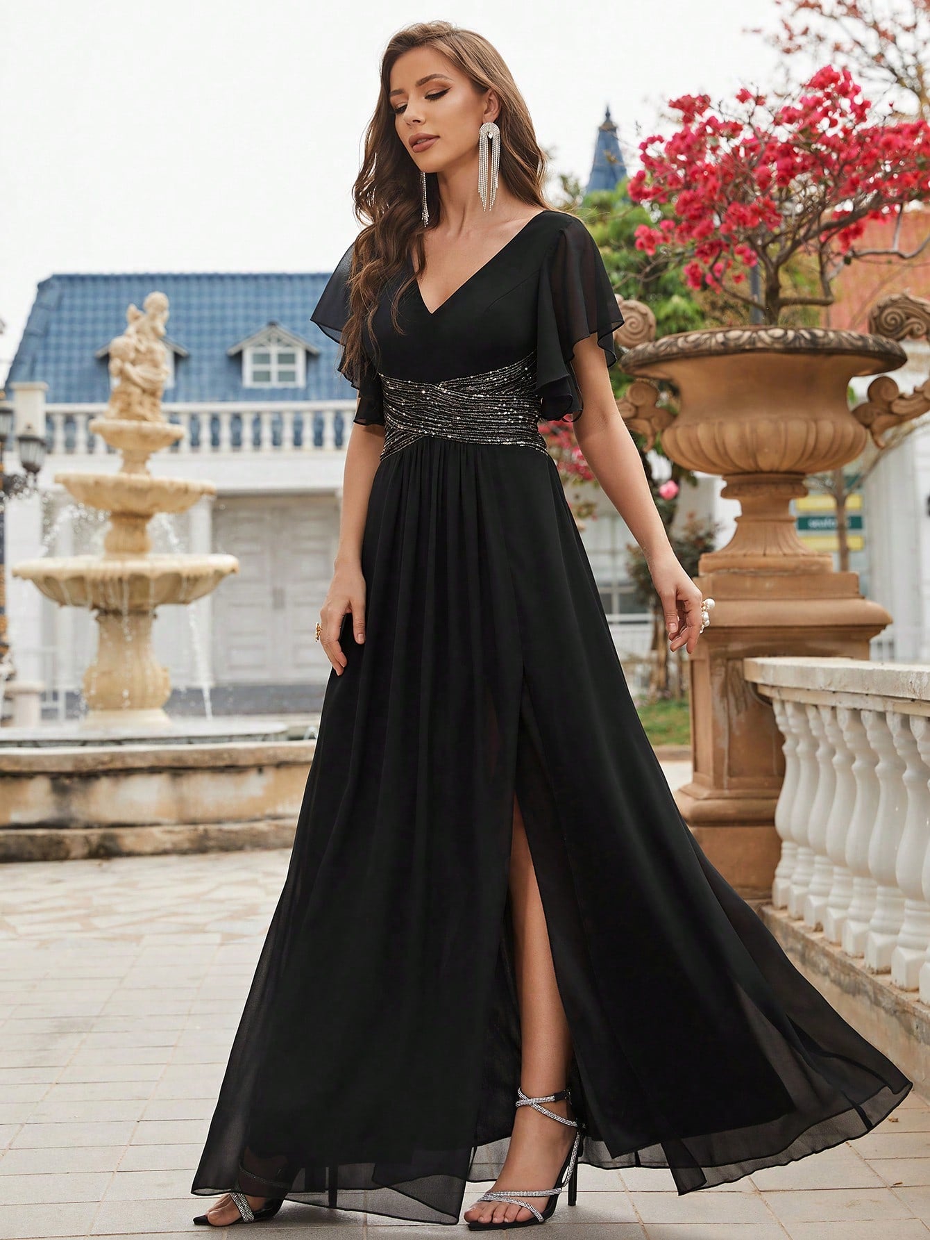 Contrast Sequin Butterfly Sleeve Split Thigh Chiffon Formal Dress