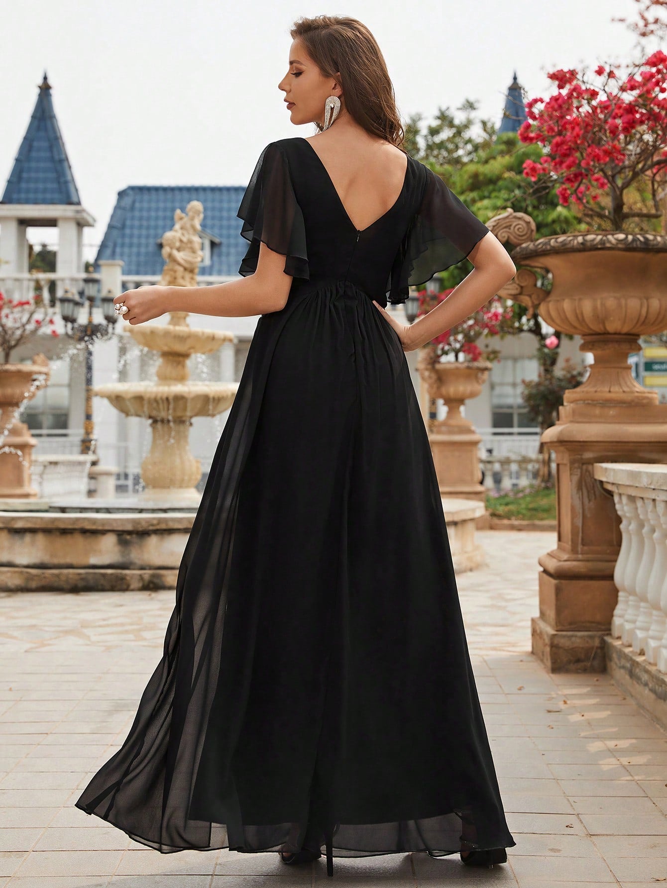 Contrast Sequin Butterfly Sleeve Split Thigh Chiffon Formal Dress