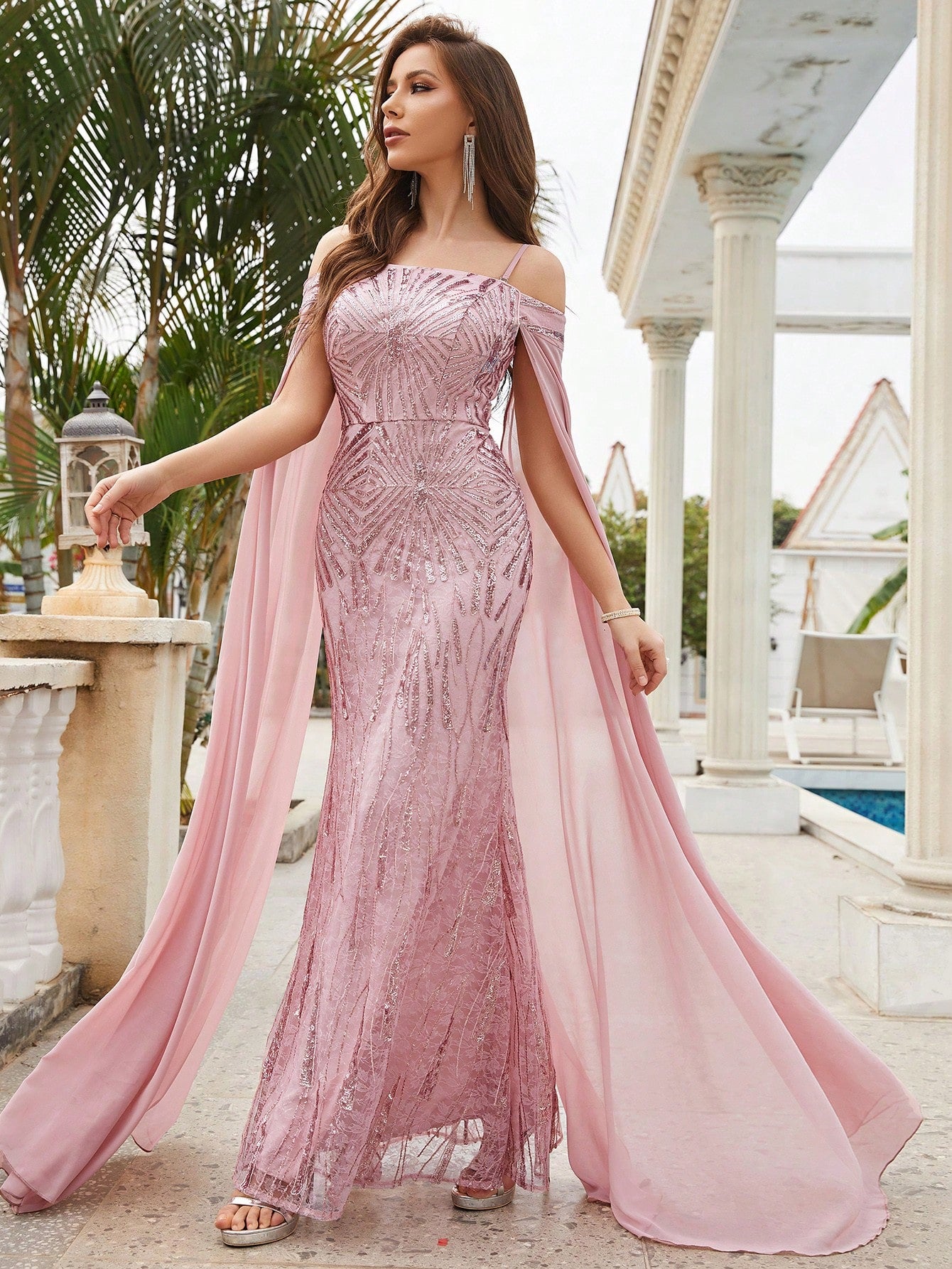Off Shoulder Cloak Sleeve Sequin Formal Dress