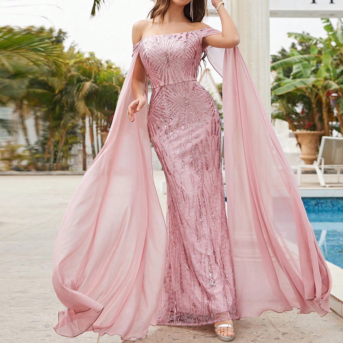 Off Shoulder Cloak Sleeve Sequin Formal Dress